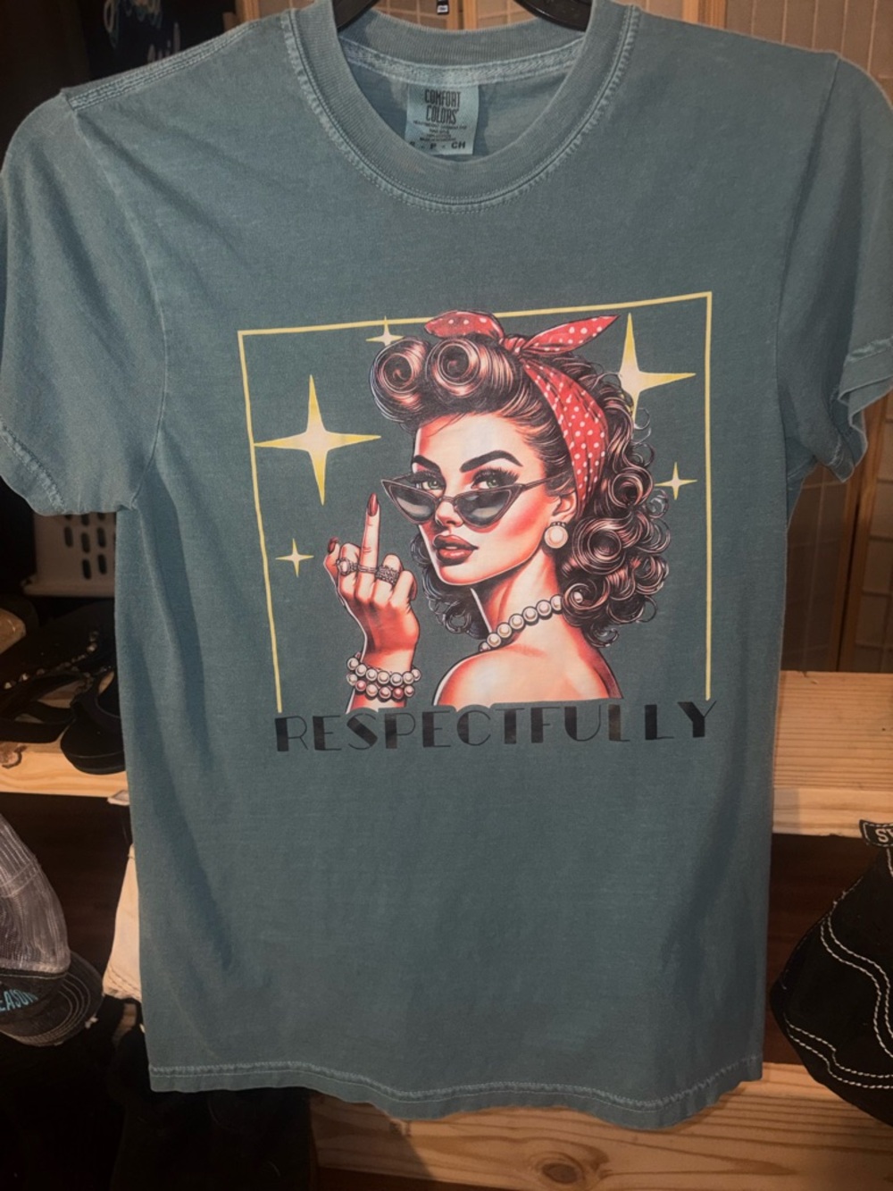 “🖕 RESPECTFULLY “ Comfort Colors Teal Graphic Tee with Vintage Pinup Print